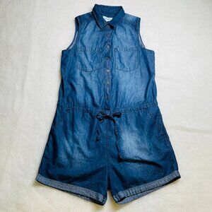 Wax Jean Womens Dark Blue Denim Stretch Button Front Drawstring Romper Size L